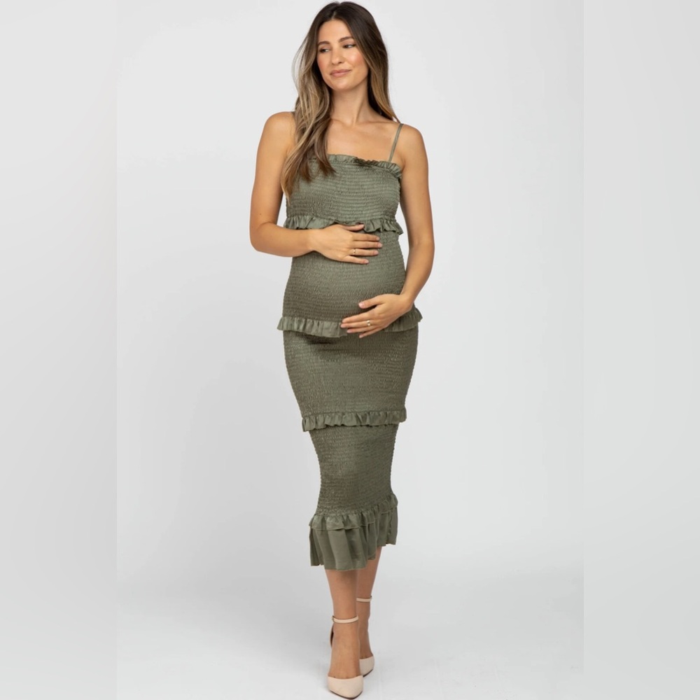 PinkBlush Olive Satin Smocked Fitted Maternity Midi Dress - Large
